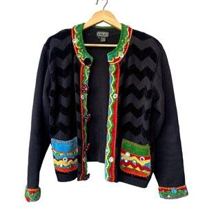 Vintage 3D Cardigan Sweater Size L Artsy Art to Wear Rainbow Colorful Grandma